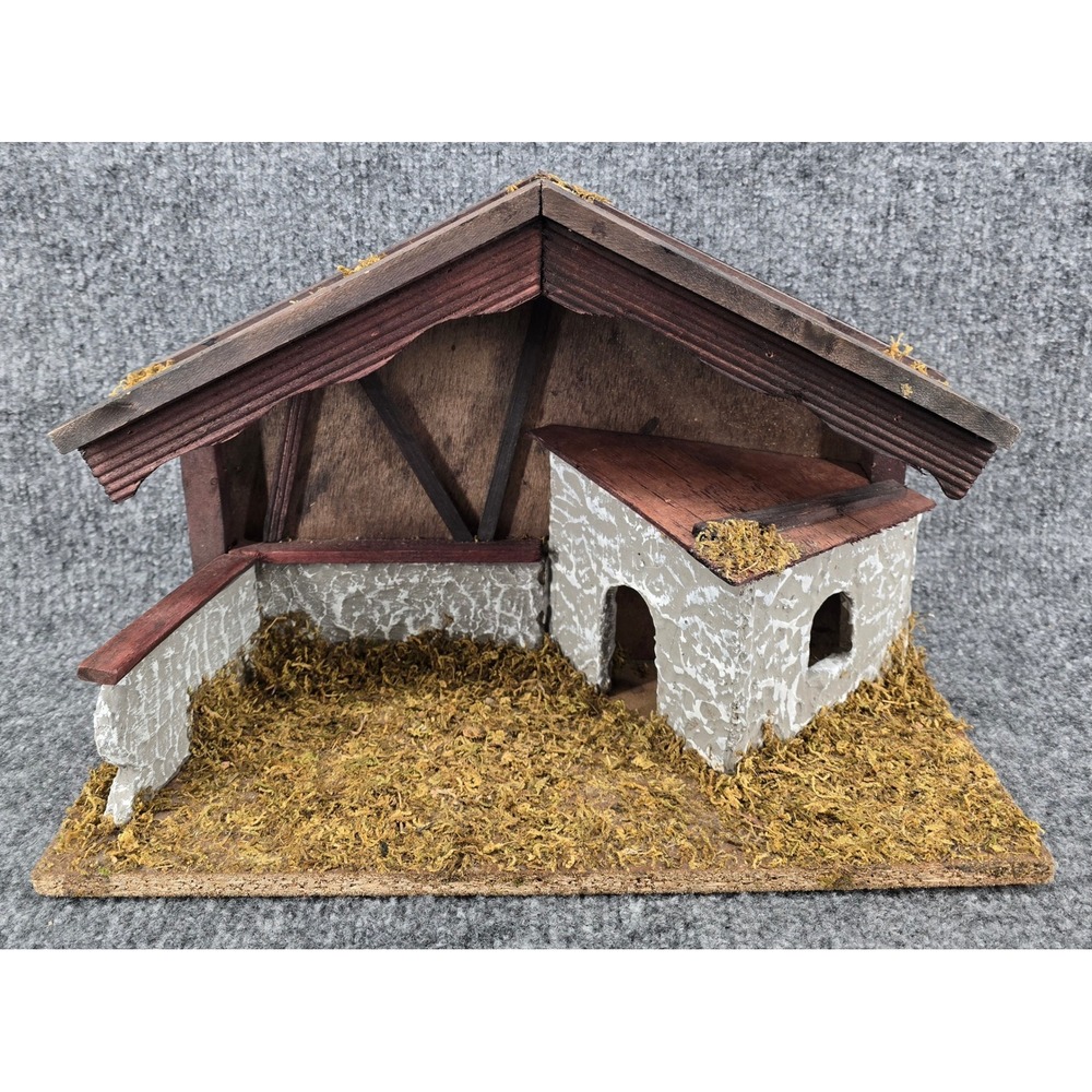 Nativity Stable Creche Brown Wood Moss Masonry for Christmas Figurines Vintage